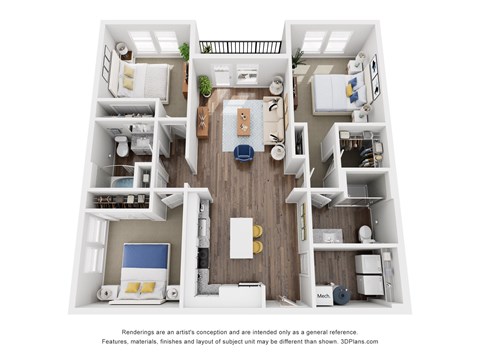 Floor plan for 3 beds, 2 baths, 1248 sqft